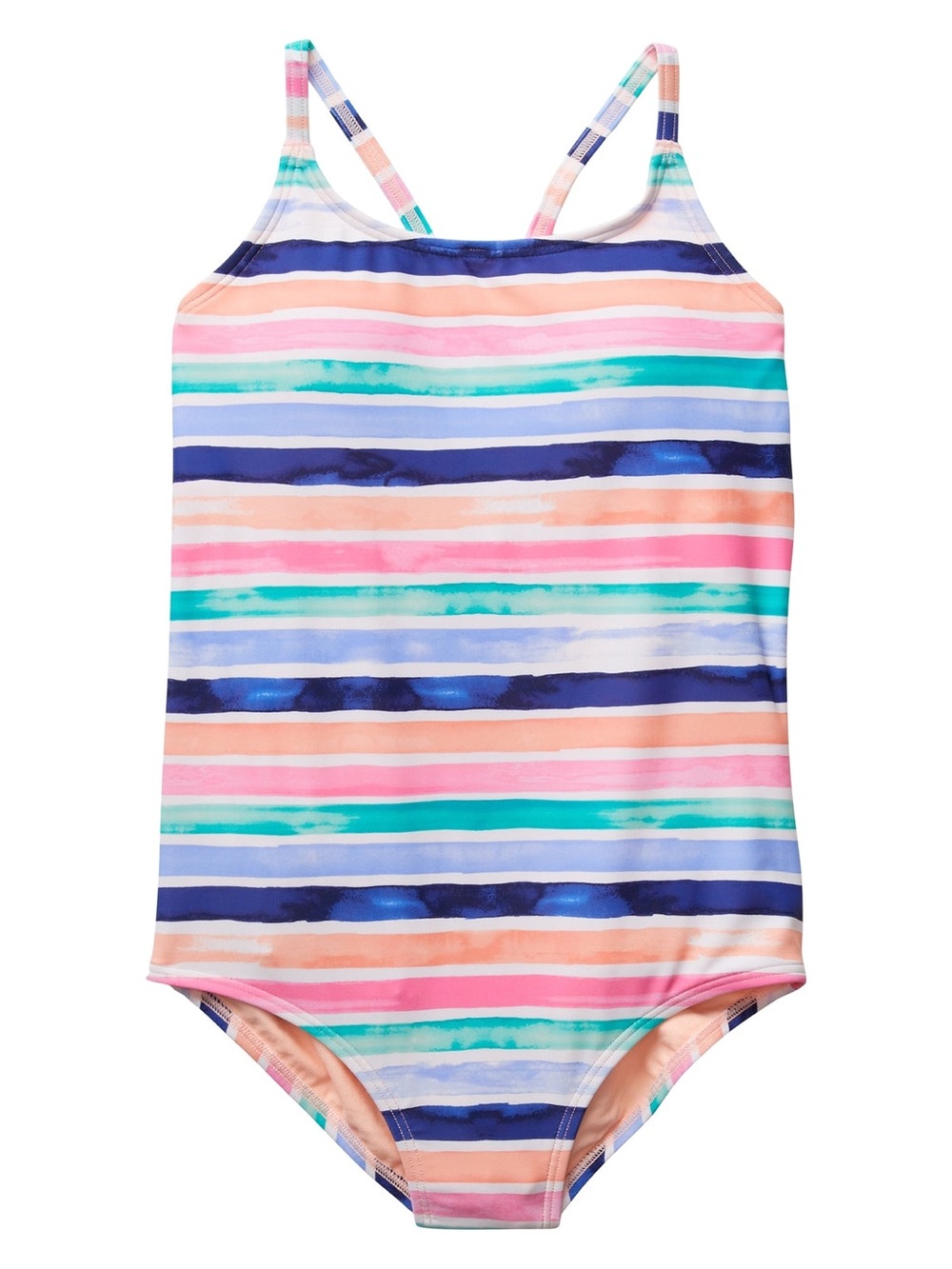 Athleta Girl Striped One Piece Modest Bathing Suit Rainbow Pastel XXL 16 UPF 50